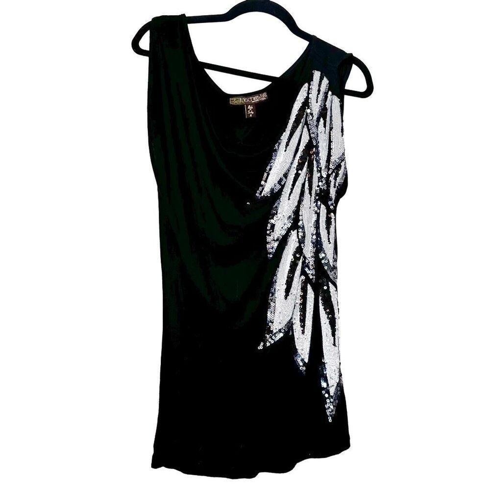 Kische Cowl Neck Sleeveless Sequined Wing Jersey Rayon Tank Top Black Medium
